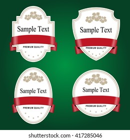 Set of white labels with red tape. Grouped for easy editing. Perfect for labels for wine, tea, liquor, shampoo, shower gel and etc.