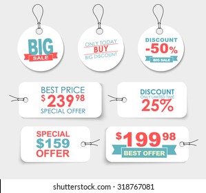 Set of white labels (tags, price ) of different shapes with  design elements, ribbons, stars and text. Vector illustration