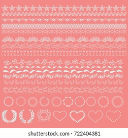 Set of white lace borders, decorative set of laurels, branches and wreaths lattice borders, ribbons isolated on pink background 