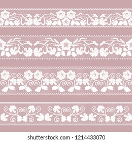 Set of white lace borders isolated on a pink background