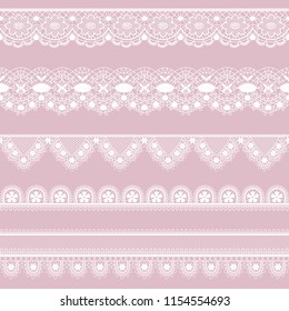 Set of white lace borders on a pink background