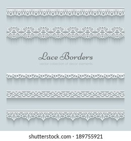 Set of white lace borders with shadow, ornamental paper lines, vector eps10