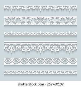 Set of white lace borders with shadows, ornamental paper lines, vector eps10