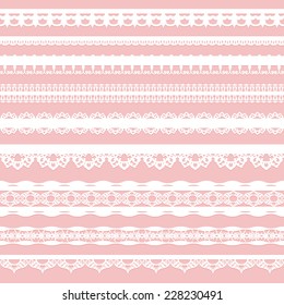 Set of white lace braid isolated on a pink background. Vector illustration