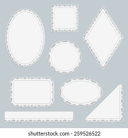 Set of white lace frames isolated on gray background. Lacy Corner, ribbon and six napkins different shapes. Vector illustration