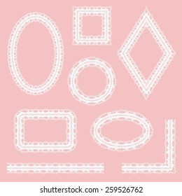 Set of white lace frames isolated on pink background. Lacy Corner, ribbon and six cadre different shapes. Vector illustration