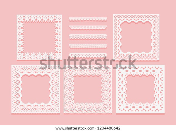 Set of white lace frames of square shapes\
and dividers. Openwork vintage elements isolated on a pink\
background. Vector\
illustration.