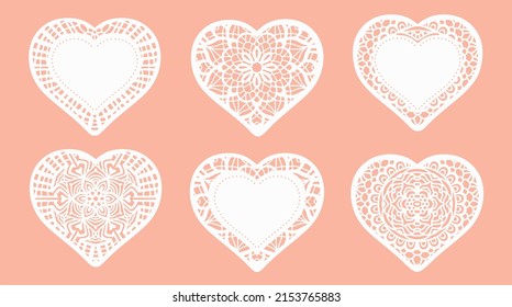 Set of white lace hearts and doily vector pattern cut outs for valentines day, scrapbooking and paper crafts.