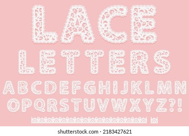 Set of white lace letters isolated on pink background. Abc Lacy font and pattern brush border for label. Alphabet cute lace symbols for design gift card or elegant invitation Vector illustration