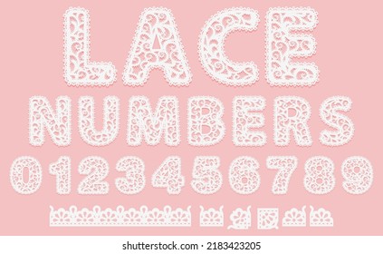 Set of white lace numbers isolated on pink background. Abc Lacy font and pattern brush border for label. Alphabet cute lace symbols for design gift card or elegant invitation Vector illustration