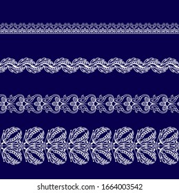 set of white lace ribbons on a blue background