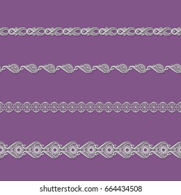 set of white lace ribbons on a purple background