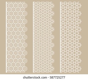 Set of white lace seamless borders, line patterns. Tribal ethnic arabic, indian, turkish ornaments decor, fashion collection. Isolated design elements for headline, banners, wedding invitation cards