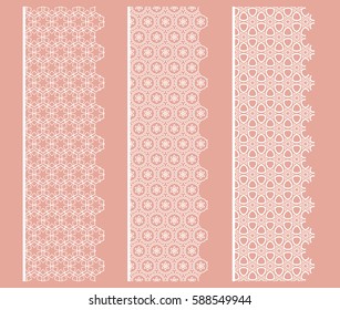Set of white lace seamless borders, line patterns. Tribal ethnic arabic, indian, decorative ornaments, fashion collection. Isolated design elements for headline, banners, wedding invitation cards