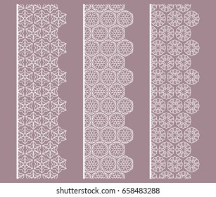 Set of white lace seamless borders, line patterns. Tribal ethnic arabic, indian, turkish decorative ornaments, fashion collection. Isolated elements for headline, banners, wedding invitation cards