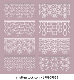 Set of white lace seamless borders, line patterns. Tribal ethnic arabic, indian, turkish decorative ornaments, fashion collection. Isolated elements for headline, banners, wedding invitation cards