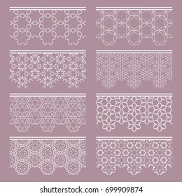 Set of white lace seamless borders, line patterns. Tribal ethnic arabic, indian, turkish decorative ornaments, fashion collection. Isolated elements for headline, banners, wedding invitation cards