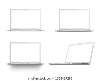 Set of white laptop mockups, realistic templates with blank screen from different angles, four positions of modern portable computers - isolated vector illustration on white background