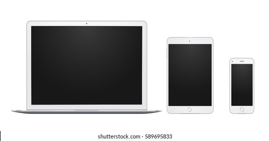 Set of white laptop, tablet and phone, all single and isolated, with blank screens.