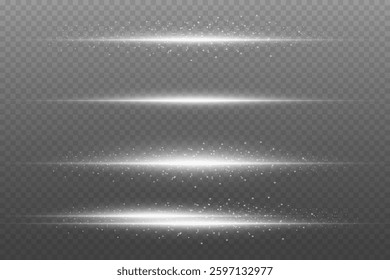 Set of white laser light lines, horizontal sparks with beam effect.