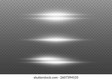 Set of white laser light lines, horizontal sparks with beam effect.