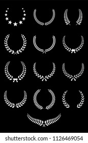 Set of white laurel wreaths isolated on black background. Vector design elements.