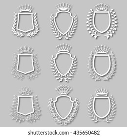 Set of white laurel wreaths, shields, crowns with shadows. Royal heraldic emblem, icon, symbol, label, badges, blazons, logo for web, page design. Floral elements in vintage style. Illustration EPS 10