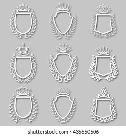 Set of white laurel wreaths, shields, crowns with shadows. Royal heraldic emblem, icon, symbol, label, badges, blazons, logo for web, page design. Floral elements in vintage style. Illustration EPS 10