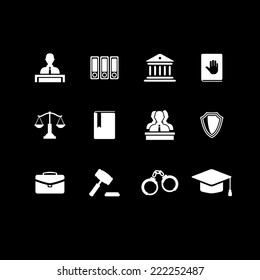 Set of white law and justice icons with a Judge briefcase  book  hammer  jurors handcuffs scales  hat  lawyer  court  building icon police oath