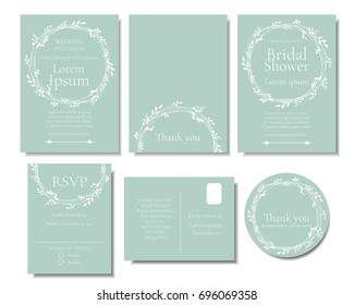 Set of white leave wreath on Green Mint color Wedding Invitation card.Vector/Illustration