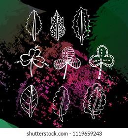 Set of white leaves in duduling style, on a colored background. Vector illustration. The concept of spring, environment and ecology.