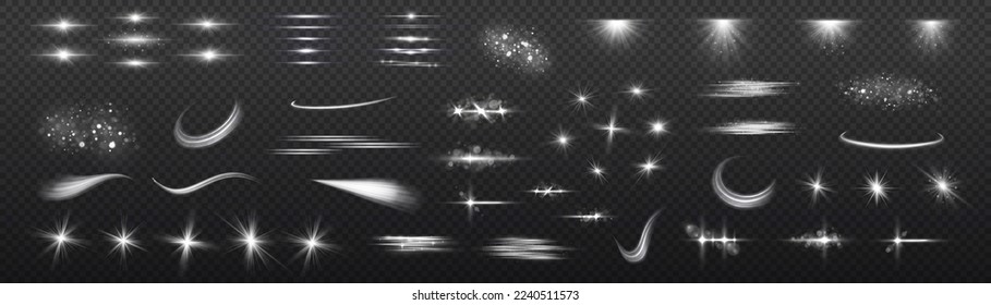 Set of white lens flares and lighting effects. Glow light effect set, spotlight, explosion, sunlight, glitter sparks, line, sun flash. Sparkling magical dust particles. Star burst with sparkles vector