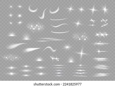 Set of white lens flares and lighting effects. Glow light effect set, spotlight, explosion, sunlight, glitter sparks, line, sun flash. Sparkling magical dust particles. Star burst with sparkles vector