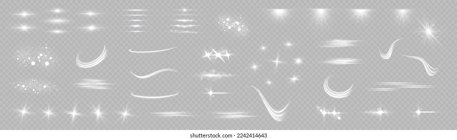 Set of white lens flares and lighting effects. Glow light effect set, spotlight, explosion, sunlight, glitter sparks, line, sun flash. Sparkling magical dust particles. Star burst with sparkles vector