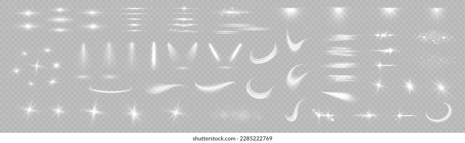 Conjunto de bengalas blancas y efectos de iluminación. Efecto luminoso encendido, foco, explosión, luz solar, destellos de brillo, línea, flash solar. Parpadeando mágicas partículas de polvo. Estrella reventada con vector de chispas