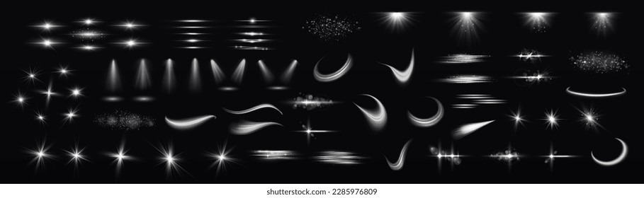 Set of white lens flares and lighting effects. Glow light effect set, spotlight, explosion, sunlight, glitter sparks, line, sun flash. Sparkling magical dust particles. Star burst with sparkles vector