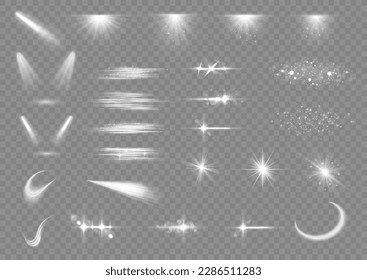 Set of white lens flares and lighting effects. Glow light effect set, spotlight, explosion, sunlight, glitter sparks, line, sun flash. Sparkling magical dust particles. Star burst with sparkles vector