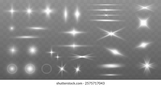 Set of white light bright effects, glare, explosions, shine, dust, lines, sun flares, sparks and stars, spotlight on gray transparent background.	