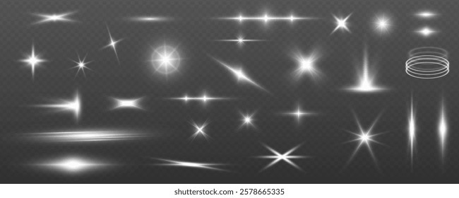 Set of white light bright effects, glare, explosions, shine, dust, lines, sun flares, sparks and stars, spotlight on gray transparent background.	