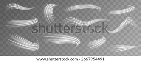 Set of white light bright lines in the form of a covenant. Curve light effect of motion wave. Dynamic white trail, fire path trace line, car lights, optic fiber and incandescence curve twirl.