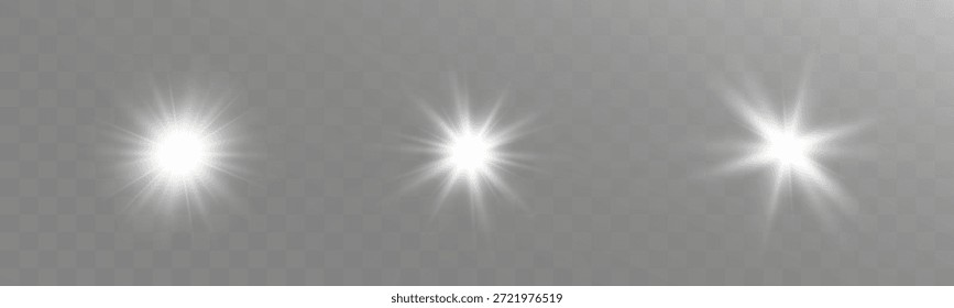 Set of white light bursts with radiant rays on transparent background.