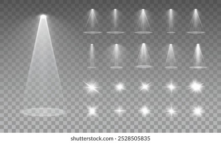 Conjunto de efeitos de luz branca. Transmita de um holofote e de uma estrela. Brilha, brilho, branco. Lente de efeitos de luz isolada abstrata brilhante. Lente pisca, explosão, faísca.