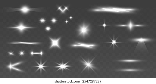 Conjunto de efectos de luz blanca, haz, brillo, línea, resplandor, blanco para ilustraciones de Navidades. Chispas brillantes blancas de la onda espiral. Brillar marco redondo con círculos de luz efecto de luz.	
