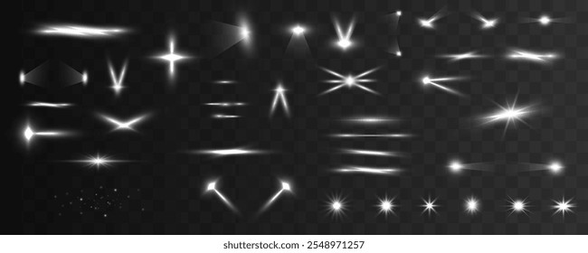 Conjunto de efectos de luz blanca, haz, brillo, línea, resplandor, blanco para ilustraciones de Navidades. Chispas brillantes blancas de la onda espiral. Brillar marco redondo con círculos de luz efecto de luz.	
