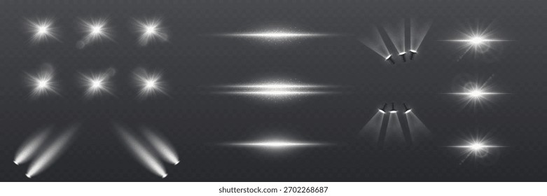 Set of white light effects and flares. On a transparent background.