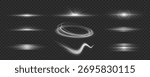 Set of white light effects on a transparent background. Abstract sparkling flash, glares bokeh and glowing vortex element. High speed light trails effect. Vector illustration.