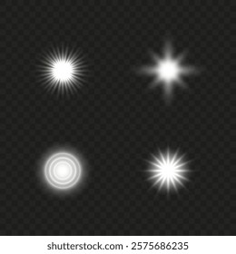 A set of white light effects on a dark background. Collection of vector flares. White glare. Vector illustration EPS10