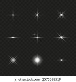 A set of white light effects on a dark background. Collection of vector flares. White glare. Vector illustration EPS10