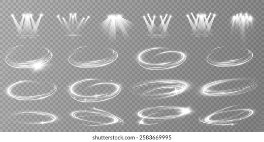Set of white light effects. Spotlight beams and neon white magic circles. Magic portal.