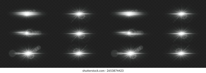 Set of white light effects, star and light flash. On a transparent background.